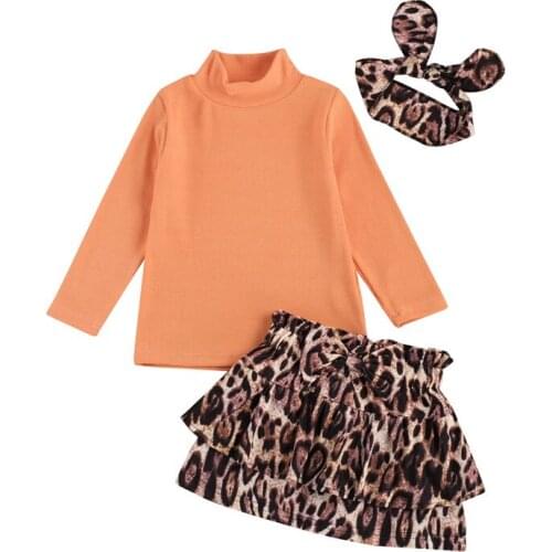 HOT Leopard Cotton Casual Kids Baby Girls Long Sleeve Top Leopard Skirt Headband 3pcs Children Girls Set
