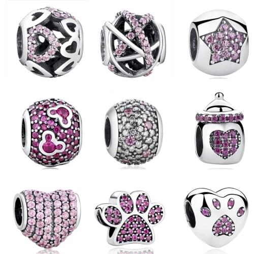 BELAWANG Authentic 925 Sterling Silver Pink Crystal Round Love Heart Shape Beads Charm Fit Bracelets Bangle Women Jewelr