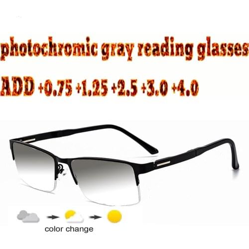 Business Mens Halfrim Photochromic Gray Reading Glasses Comfortable Alloy High Quality +1.0 +1.5 +1.75 +2.0 +2.5 +3 +3.5 +4