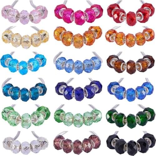 50pcs Silver Plated Cut Faceted Large Hole Glass Beads Fit European Pandora Bracelet Spacer Chain Necklace for Jewelry Making