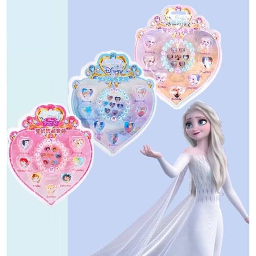 Disney Frozen 2 Girls Elsa Anna Pretend Play Makeup Toys Bracelet Ring Sticker Set Sofia Snow White Princess Jewelry Combination