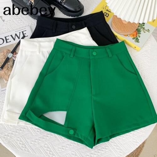 Temperament Versatile solid Shorts hollow out design button decoration high waist casual wide leg Shorts 2021 New Summer