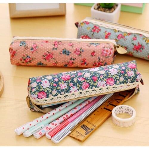 Forest Wind Elegant Pencil Case Cute Korean Stationery Box Canvas Fabric Vintage Flowers Dots Pencil Storage Bag