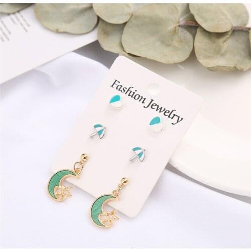 Htzzy 2019 New Fashion Earrings Green Pink Drop Earrings for Women Heart Footprint Moon Earring Cute Jewelry 3 Pairs/set