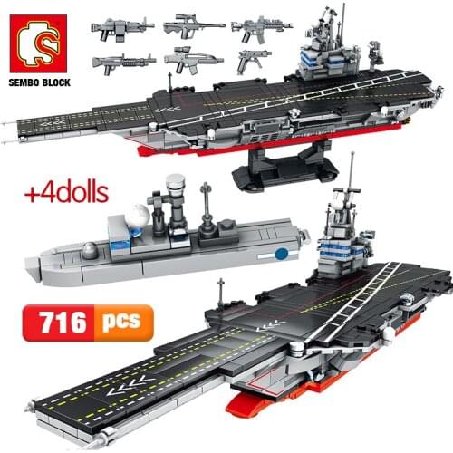 SEMBO 716pcs City Police WW2 Aircraft Carrier Building Blocks for Military Navy Submarine Electric Boat Bricks Toys For Boys