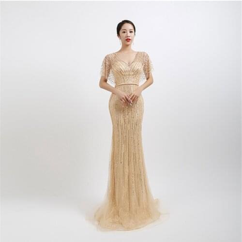 Beauty-Emily Long Luxury Mermaid Evening Dresses Beads Crystal V Neck Sexy Hollow Zipper Back Elegant Party Gowns High-end Dress