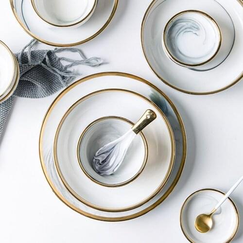 FANCITYCreative European-style Phnom Penh Marble Bowls and Dishes Ceramic Tableware Household Dishes Rice Bowls Soup Bowls Salad