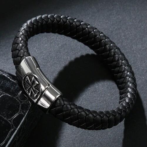 12*6mm Black Genuine Leather Bracelet Men Stainlees Steel Cuff Bracelets & Bangles Male Jewelry Gifts Punk Bracelet