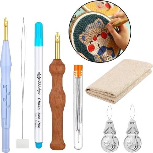 7 Pcs Punch Needle Embroidery Kits Rug Making Yarn Punch Needle, Embroidery Pen, Threader,Cloth for Cross Stitching Beginners