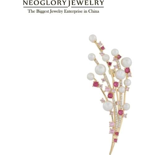 Neoglory AAA CZ Pearl Elegant Flower Bouquet Shape Brooches For Women Fashion Decorative Pin For Coat Gift For Mothers Day