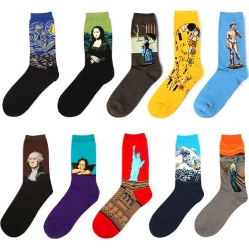 5 Pairs Hot Spring New Arrival Unisex Style Retro Art Oil Painting Men Crew Sock Women Sock Cotton Casual Mens Socks EUR36-43