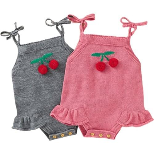 Baby Girls Clothes Bodysuits Autumn Cute Cherry Baby Triangle Lace Jumpsuit Newborn Toddler Knitted Outfits One Piece Wear