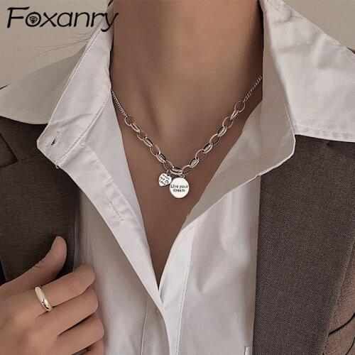 FOXANRY 925 Sterling Silver Thick Chain Necklace INS Fashion Hip Hop Vintage Simple Round Card LOVE Heart Pendant Party Jewelry