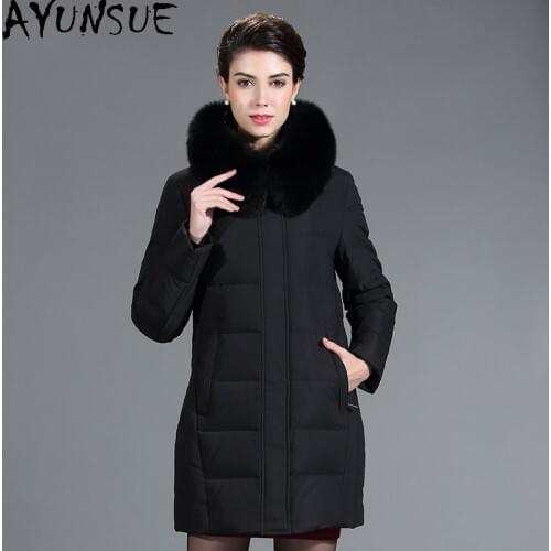 AYUNSUE Womens Winter Down Jacket Women Real Fox Fur Collar Hooded Coat Female White Duck Down Woman Parkas High Quality Ropa