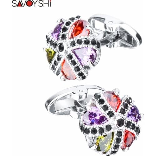 SAVOYSHI Luxury Crystal Five Petals Flower Colorful Zircon Stone Cufflinks For Men High Quality Shirt Cuff links Wedding Gift
