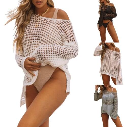 Sexy Women Hollow Out Cover Ups, Sexy Long Sleeve Off Shoulder See Through Crochet Tops 2021 Beach