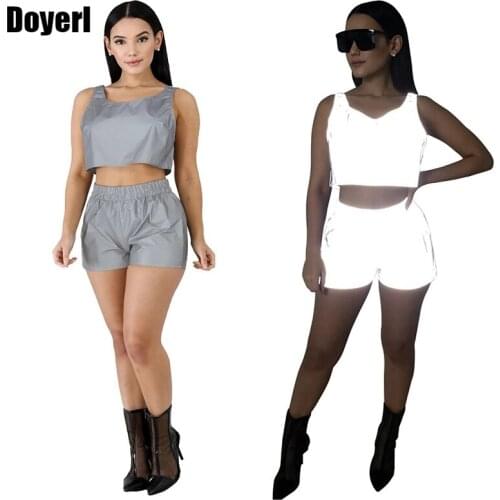 Reflective 2 Piece Set Women Shorts and Top Set Summer Clothes Sport Suit Tracksuit Two Piece Short Set for Women Club Outfits