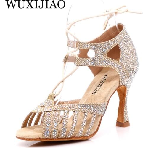 WUXIJIAONew Red and Glod Flash Cloth Salsa Dance Shoes Soft Bottom Latin Kizomba Tango Ballroom Dance Shoes Heel 6/7.5/8.5/10cm