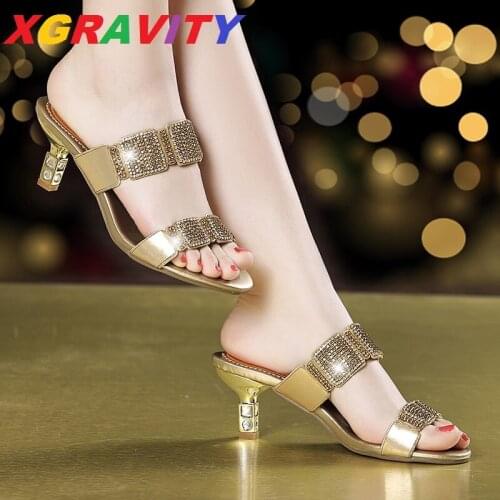 XGRAVITY D004 New Fashion Evening Pumps Sexy Mid-Heel Crystal Women Sandals Fashion Party Shoes Summer Shoes For Ladies Dress