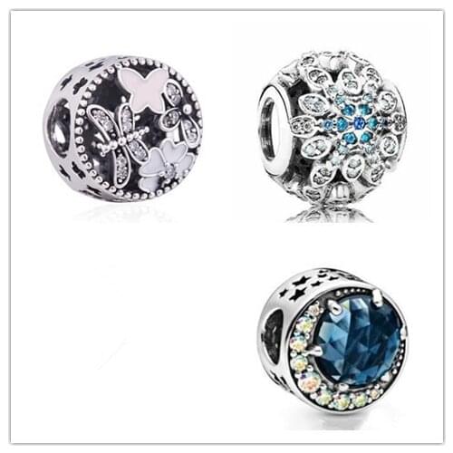 Authentic 925 Sterling Silver Bead Charm Cute Snowflake With Full Crystal Bead Fit Women pandora Bracelet & Necklace Diy Jewelry