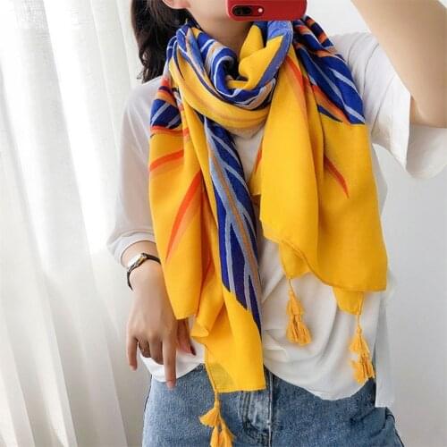 Women Fashion Yellow Printed Tassel Viscose Shawl Scarf Luxury Brand New Soft Wrap Pashmina Stole Foulard Muslim Hijab Sjaal