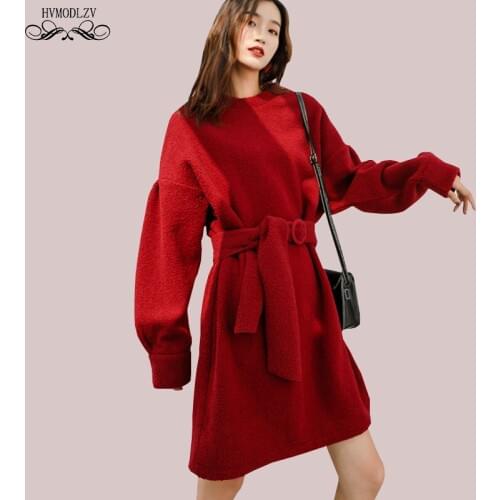 Plus Velvet Thick Spring Red Waistband Women Sexy Short Dress 2019 Female Wool Round Neck Fashion Vintage Sweater Vestido HJ183