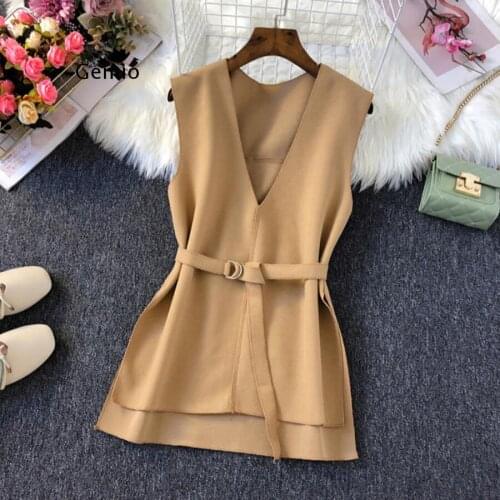 Spring Autumn Winter Sleeveless Women Vest V-Neck Slim Waist Belt Woolen Vest for Women Pullover Waistcoat Female Outerwear
