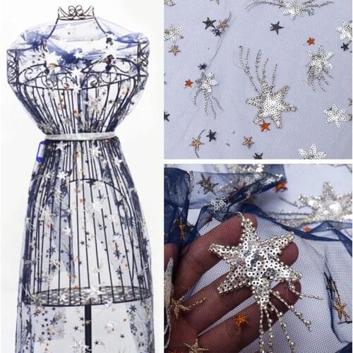 1yard/lot 130cm Beautiful Sequin beaded Star Embroidery Print Lace Tulle Fabric For Bridal Gown wearing In blue