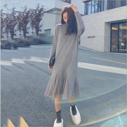 2020 Korean Winter Sweater Dress 3 Colors Casual Knitted Dress Woman Mesh Stitching Sweater Dress Women Z330