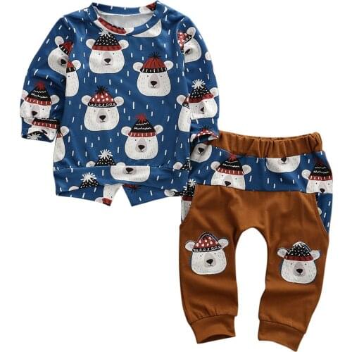 2020 New Fall Autumn 0-24M Infant Baby Boy Girl 2Pcs Set Hatted Bears Print Long Sleeve Top+Knee Patchwork Pants Toddler Outfit