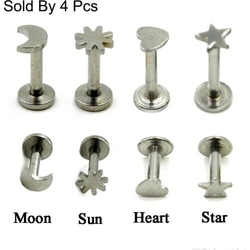 4Pcs Surgial Steel Internally Thread Labret Lip Stud Star, Moon, Sun, Heart Ear Cartilage Helix Studs Piercing Body Jewelry