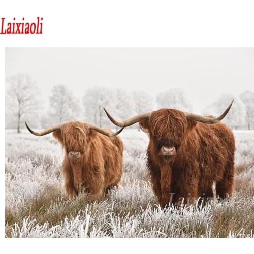 5D DIY Diamond Painting Highland Cow Full Square round Rhinestone Drill Embroidery Mosaic cattle black white art Home Decoration