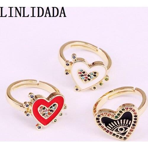8Pcs 2019 new top quality Rainbow CZ Micro Paved Enamel Heart Finger Rings for Women Jewelry Adjustable