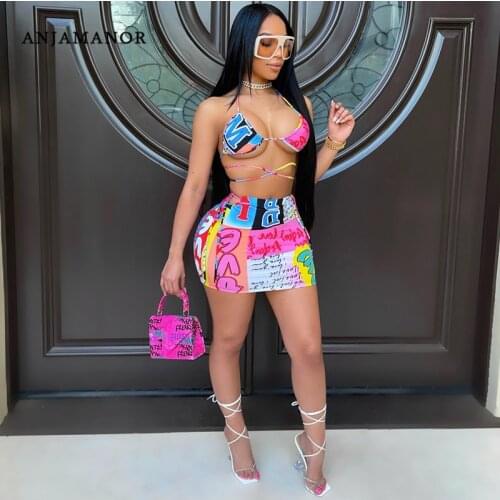 ANJAMANOR Sexy Print Vacation Beach Dress Suits 2 Piece Bikini Crop Top Mini Skirts Set Women Summer Clothes Club Wear D91-BH16