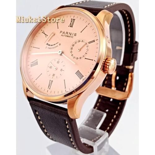 Parnis 42mm Mens top mechanical watch rose gold dial Calendar leather Power Reserve Sea gull 1780 Automatic watches