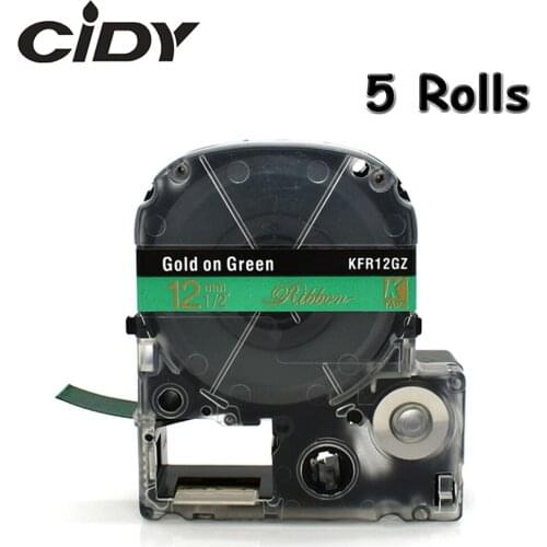CIDY 5pcs Satin Ribbon 12mm*5m Gold on Green label tape SFR12GZ Christmas Wedding Decorative Gift Wrapping Belt for LW300 LW400