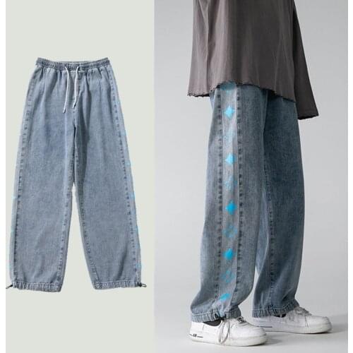 Hip Hop Star Printed Jeans Mens Harajuku Streetwear Loose Straight Casual Drawstring Elastic Waist Wide-leg Pants Male Autumn