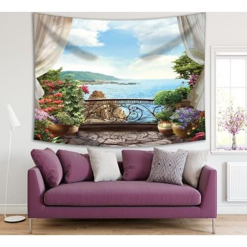 Tapestry Fluffy Clouds over Ocean Seaside Hill Forest Scenery from Balcony with Colorful Flowers Plants Green Blue Beige View