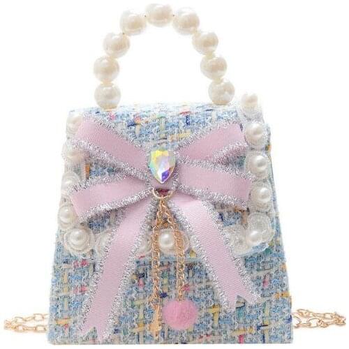 Canvas Kids Infant Messenger Bags Weaving Children Shoulder Bags Fashion Handbag for Baby Girls Pearl Toddler Girl Blue Cute Bag