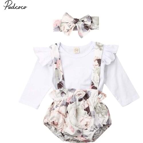 2019 Baby Spring Autumn Clothing Infant Baby Girl Clothes Long Sleeve Tops Romper+Flower Overall Bib Shorts Headband Outfit Set