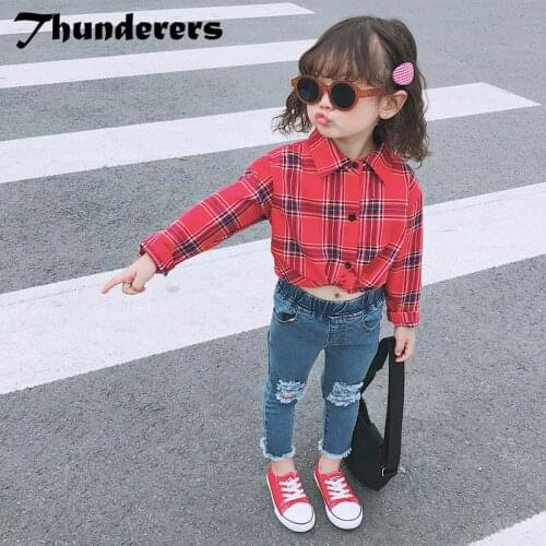 Thunderers Spring Autumn Kids Clothing Set For Girl Printed Shirt With Ripped Pants Fashion Children 2pcs Outfits Size 24M-7Y