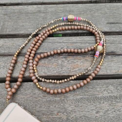 Brown color Crystal Bling Key Lanyard ID Badge Holders wood Bead Mobile Neck Straps Creation Chain Necklace Jewelry