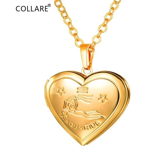 Collare Aquarius Pendants Heart Photo Locket Gold/Silver Color Constellation Jewelry 12 Zodiac Dainty Girls Necklaces Women P902