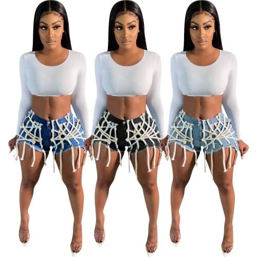 Fashion Girls Denim Shorts Summer 2021 Hottest Zipper Hollow Out Bandage String Tassels High Waist Casual Jeans Street Wear