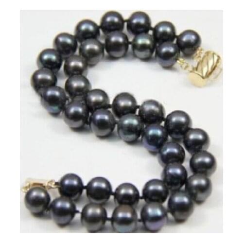 Huge 2 Rows 10-11MM Round South Sea Genuine Black Pearl Bracelet 7.5-8" Gold