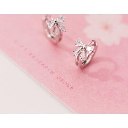 Authentic Real 100% 925 Sterling Silver Zircon 4A+ Bowknot Bow-tie ear-bone Hoop Huggie Earrings C-G2575