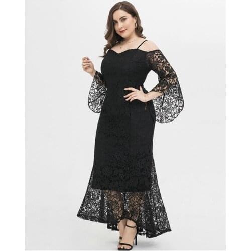 Midi Dress 2021 Plus Size 4XL Lace Little Fragrance Evening Elegant Lady Long Sling Strapless Pure Black Pattern Slim Straight