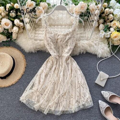 Young Women Sexy Casual Mini Evening Sleeveless Dress Ladies Girls Summer Sequined Lace Ruffles Spaghetti Strap Short Dresses