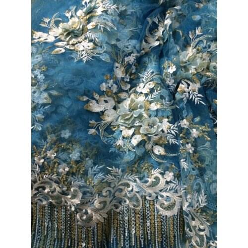 Luxury 3d flower embroidery tulle mesh lace fabric J-111679 with beads for wedding dress