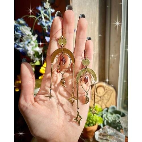 Sun Moon Stars Crystals Statement Earrings Boho Hippie Bohemian Celestial Witchy Metaphysical Jewelry